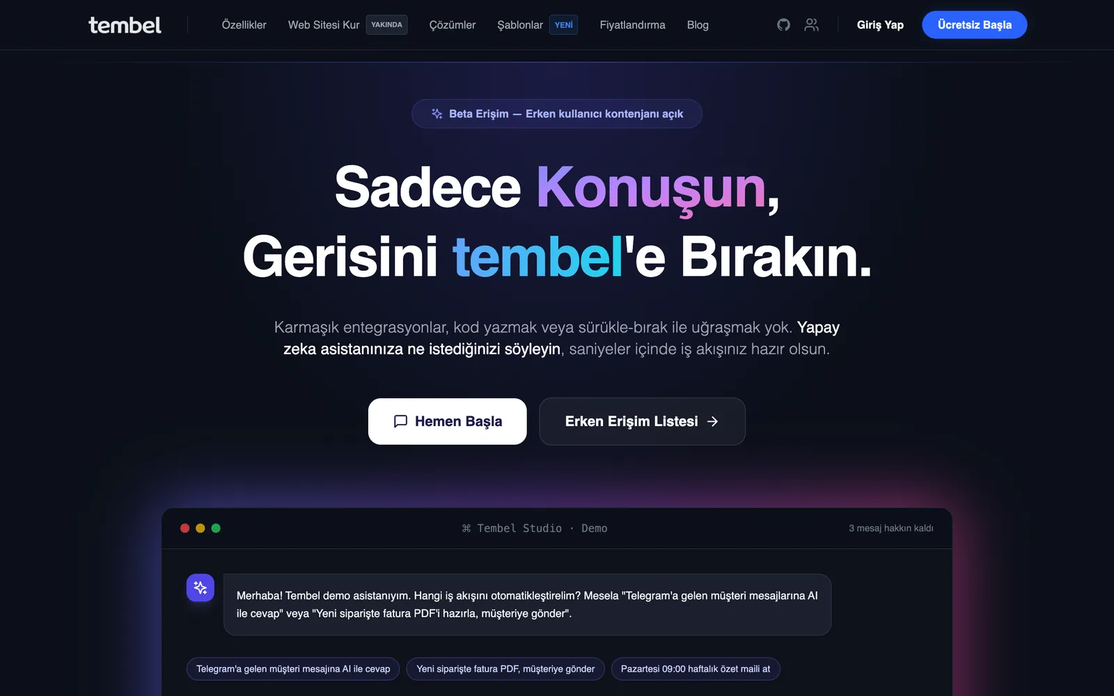 Tembel — no-code yapay zekâ otomasyon platformu — 1