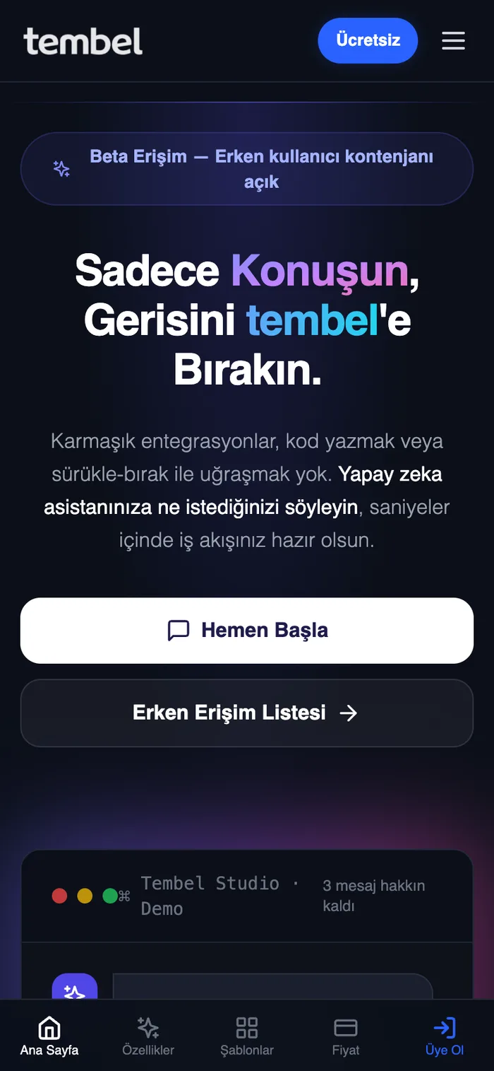 Tembel — no-code yapay zekâ otomasyon platformu — 2